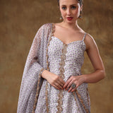 Lilac Strappy Georgette Salwar Set With Intricate Mirror Work Embroidery