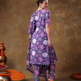 Royal Purple Rose Printed Georgette Salwar Set With Geometric Scallop Borders