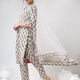 Ivory Floral Printed Cotton Salwar Set With Olive Trim