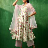 Ivory Rose Printed Blended Fabric Anarkali Set With Pastel Dupatta