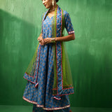Cobalt Blue Floral Printed Cotton Anarkali Set With Green Dupatta