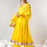 Sunshine Yellow Cotton Anarkali Set With Metalli Border