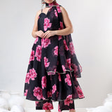Jet Black Floral Printed Organza Tiered Anarkali Set