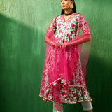 Ivory Rose Printed Blended Fabric Anarkali Set With Pink Dupatta