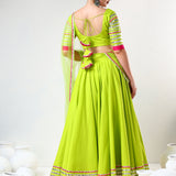 Neon Green Cotton Lehenga Set With Pink Striped Border
