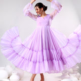 Lilac Organza Ruffled Gown With Sheer Puff Sleeves