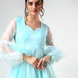 Mint Green Organza Ruffled Gown With Sheer Puff Sleeves