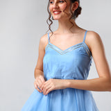 Sky Blue Organza Tiered Cami Set With Silver Piping