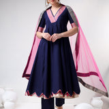 Navy Blue Cotton Anarkali Set With Scalloped Gold Hem