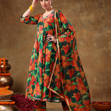 Emerald Green Botanical Printed Georgette Anarkali Set With Gota Detail