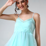 Mint Green Organza Tiered Cami Set With Silver Trim