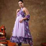 Lilac Floral Printed Georgette Halter Anarkali Set