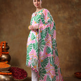 Mint Green Abstract Palm Leaf Georgette Salwar Set With Keyhole Neck