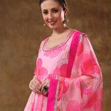 Blush Pink Floral Printed Organza Anarkali Set With Fuchsia Border