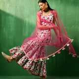 Ivory Rose Printed Blended Fabric Sharara Set With Pink Dupatta
