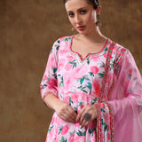 Rose Pink Floral Printed Georgette Anarkali Set With Metallic Borders
