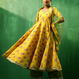 Sunflower Yellow Floral Printed Crepe Anarkali Set