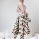 Ivory Floral Printed Cotton Anarkali Set With Olive Trim