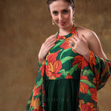Bottle Green Floral Printed Georgette Halter Anarkali Set