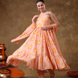 Peach Sunburst Printed Blended Fabric Cami Anarkali Set