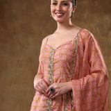 Dusty Rose And Mustard Printed Blended Fabric Straight Suit Set