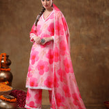 Bright Pink Poppy Floral Printed Georgette Salwar Set With Lace Accents