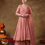 Mustard And Pink Jaal Print Blended Fabric Anarkali Set