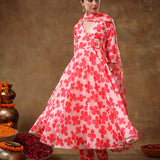 Coral Pink Angrakha Style Georgette Anarkali Set With Tassel Accent