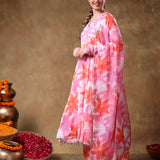 Pastel Pink Floral Printed Georgette Anarkali Set With Scalloped Edge