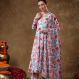 Multicolor Floral Printed Georgette Anarkali Set With Silver Lace Trim