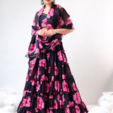 Jet Black Floral Printed Organza Tiered Lehenga Set