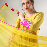 Mustard Yellow Cotton Anarkali Set With Pink Chevron Cuffs