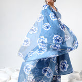 Steel Blue Floral Printed Cotton Anarkali Set