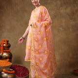 Peach Sunburst Printed Georgette Salwar Set With Yellow Accent Piping