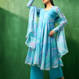 Aqua Marble Printed Georgette Anarkali Set With Tiered Hem