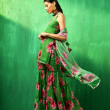 Emerald Green Floral Printed Georgette Sharara Set