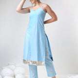 Powder Blue Cotton Salwar Set With Metallic Silver Hem