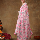 Blush Pink Tulip Printed Georgette Anarkali Set With Gold Fringe