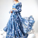 Denim Blue Floral Printed Organza Ruffled Lehenga Set