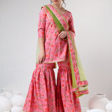 Coral Pink Floral Printed Cotton Sharara Set With Green Dupatta