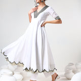 Ivory Scalloped Cotton Anarkali Set With Black Trim