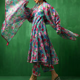 Turquoise Floral Printed Georgette Anarkali Set With Tiered Dupatta