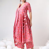 Rose Pink Floral Printed Cotton Anarkali Set With Tassel Ties