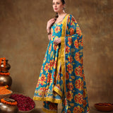 Teal Floral Printed Blended Fabric Anarkali Set With Mustard Border