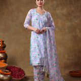Sky Blue And Lilac Floral Printed Georgette Salwar Set With Gold Fringe