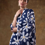 Midnight Blue Daisy Printed Georgette Salwar Set With Delicate Pearl Lace