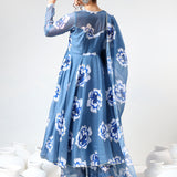 Steel Blue Floral Printed Cotton Anarkali Set