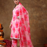Bright Pink Poppy Floral Printed Georgette Salwar Set With Lace Accents