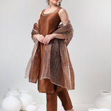 Copper Brown Silk Blend Salwar Set With Striped Dupatta
