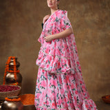 Blush Pink Floral Printed Organza Ruffled Lehenga Set